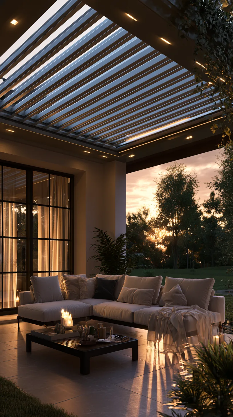 Louvered roof system with adjustable slats over a stylish covered porch, photo 1 of 4