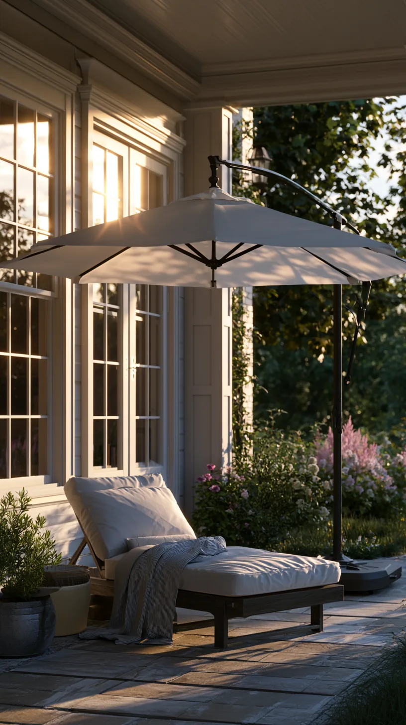 Large cantilever umbrella angled beside a porch seating area, photo 1 of 4
