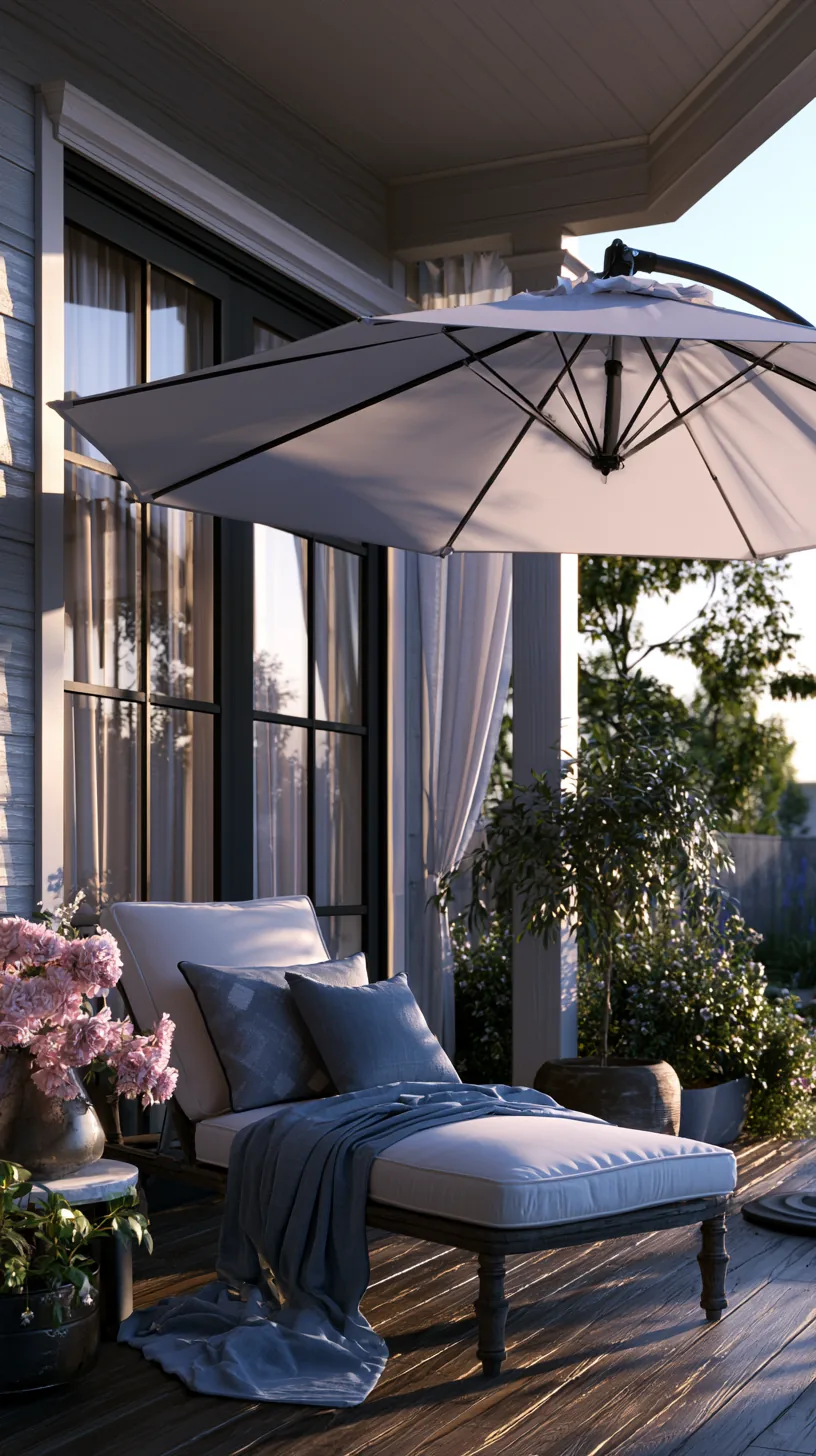 Large cantilever umbrella angled beside a porch seating area, photo 2 of 4