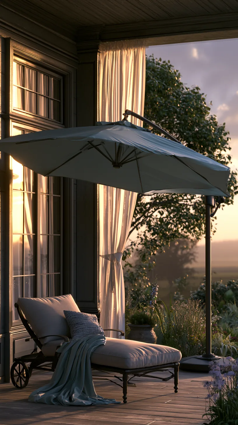 Large cantilever umbrella angled beside a porch seating area, photo 3 of 4