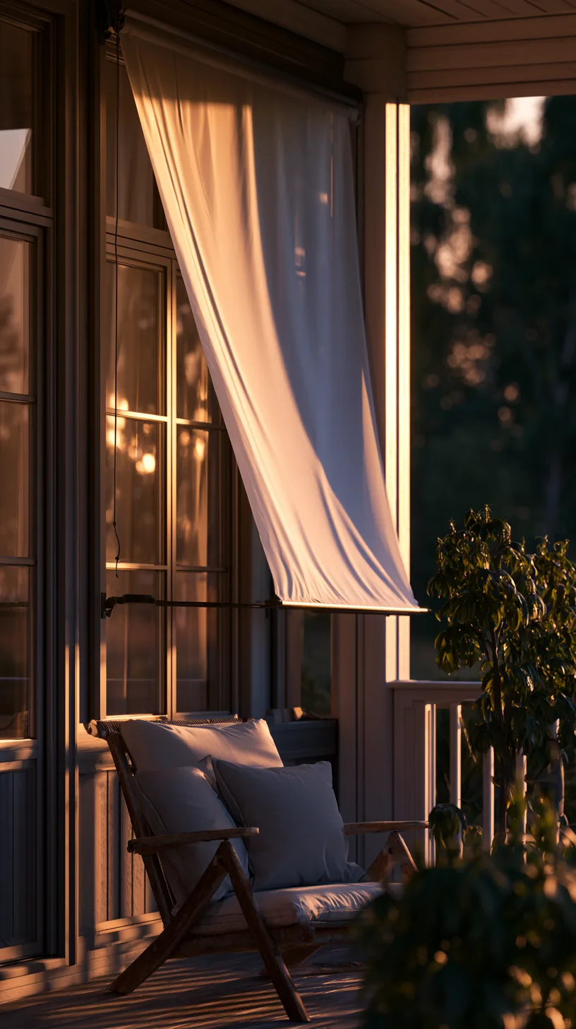 Retractable side awning extended to block low sun on a porch, photo 1 of 4