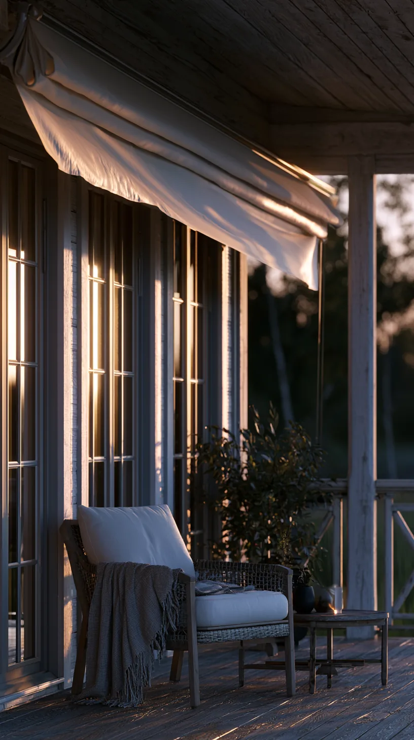 Retractable side awning extended to block low sun on a porch, photo 2 of 4