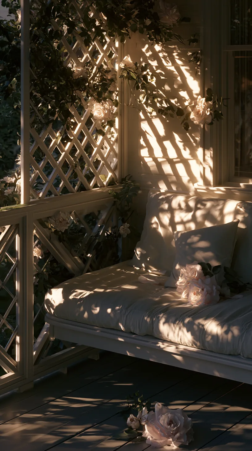 Decorative wood lattice panels casting dappled shade on a porch, photo 1 of 4