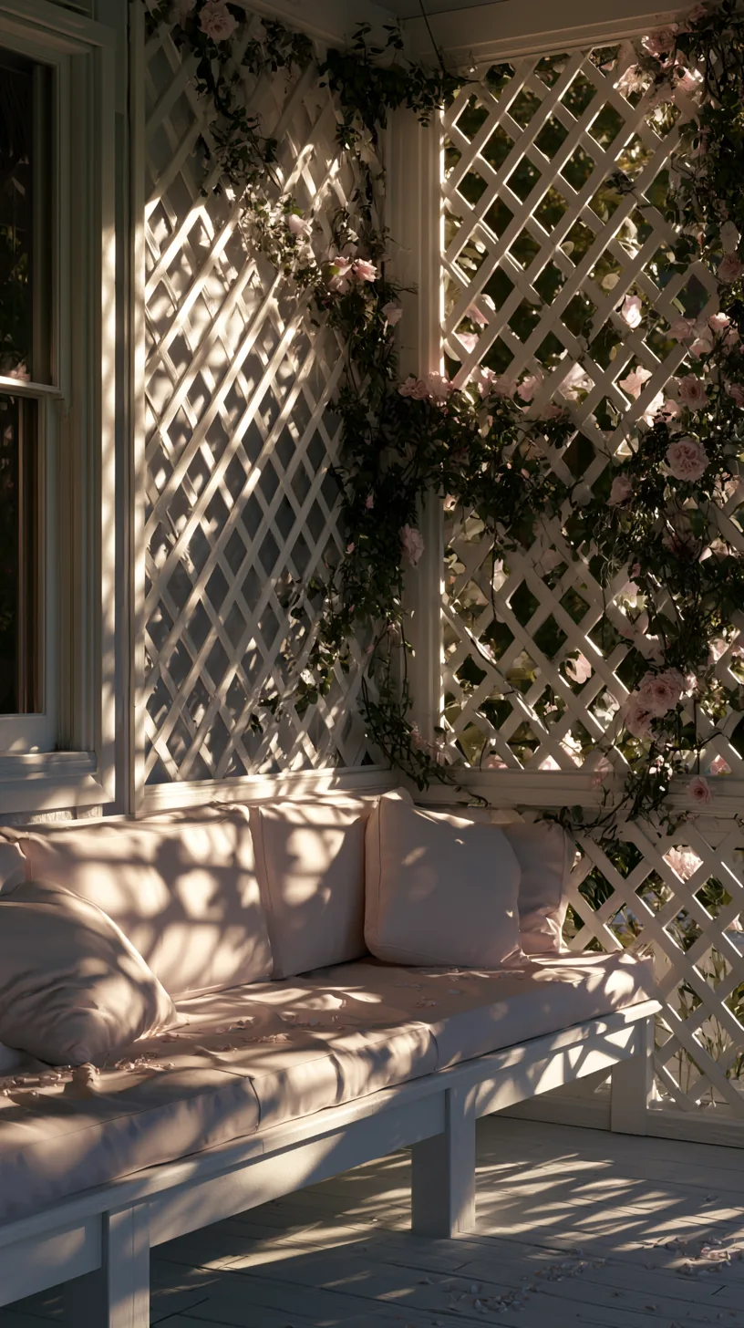 Decorative wood lattice panels casting dappled shade on a porch, photo 2 of 4