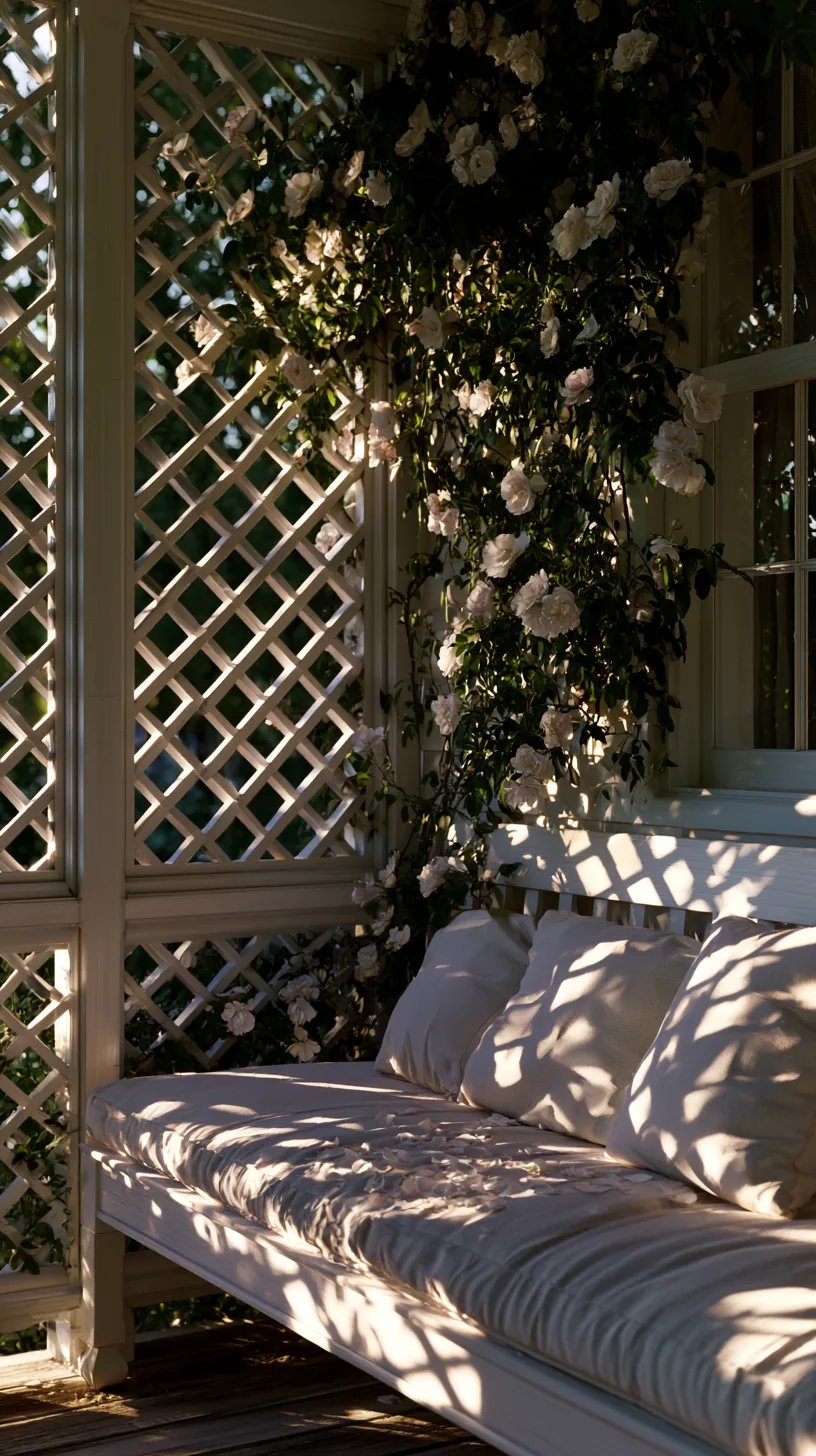 Decorative wood lattice panels casting dappled shade on a porch, photo 3 of 4