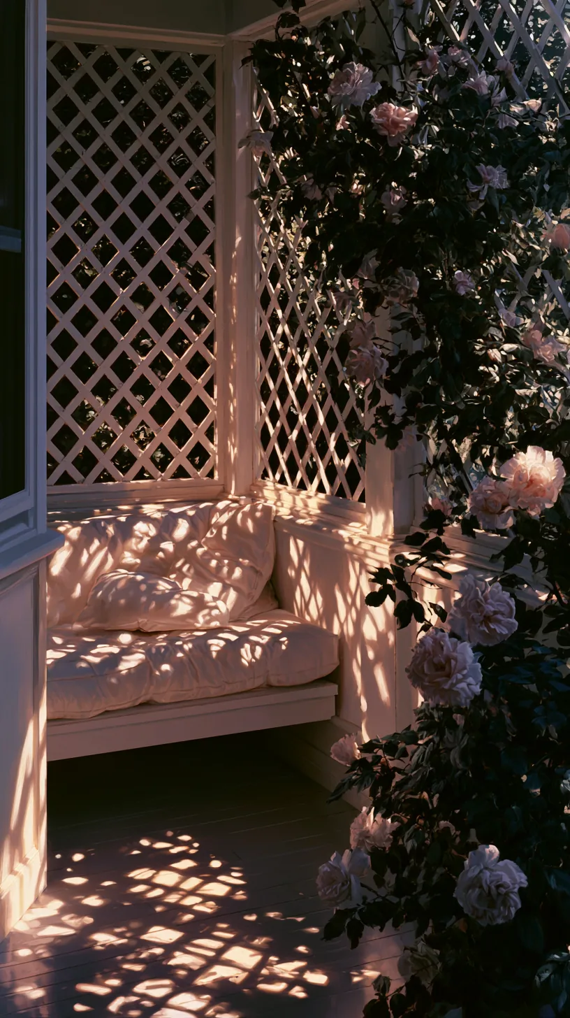 Decorative wood lattice panels casting dappled shade on a porch, photo 4 of 4