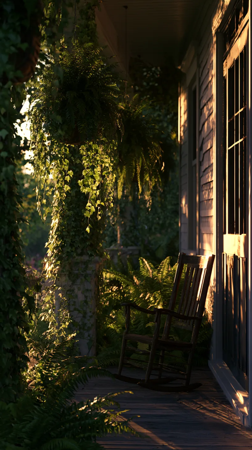 Trailing hanging baskets creating a leafy shade layer along a porch, photo 1 of 4