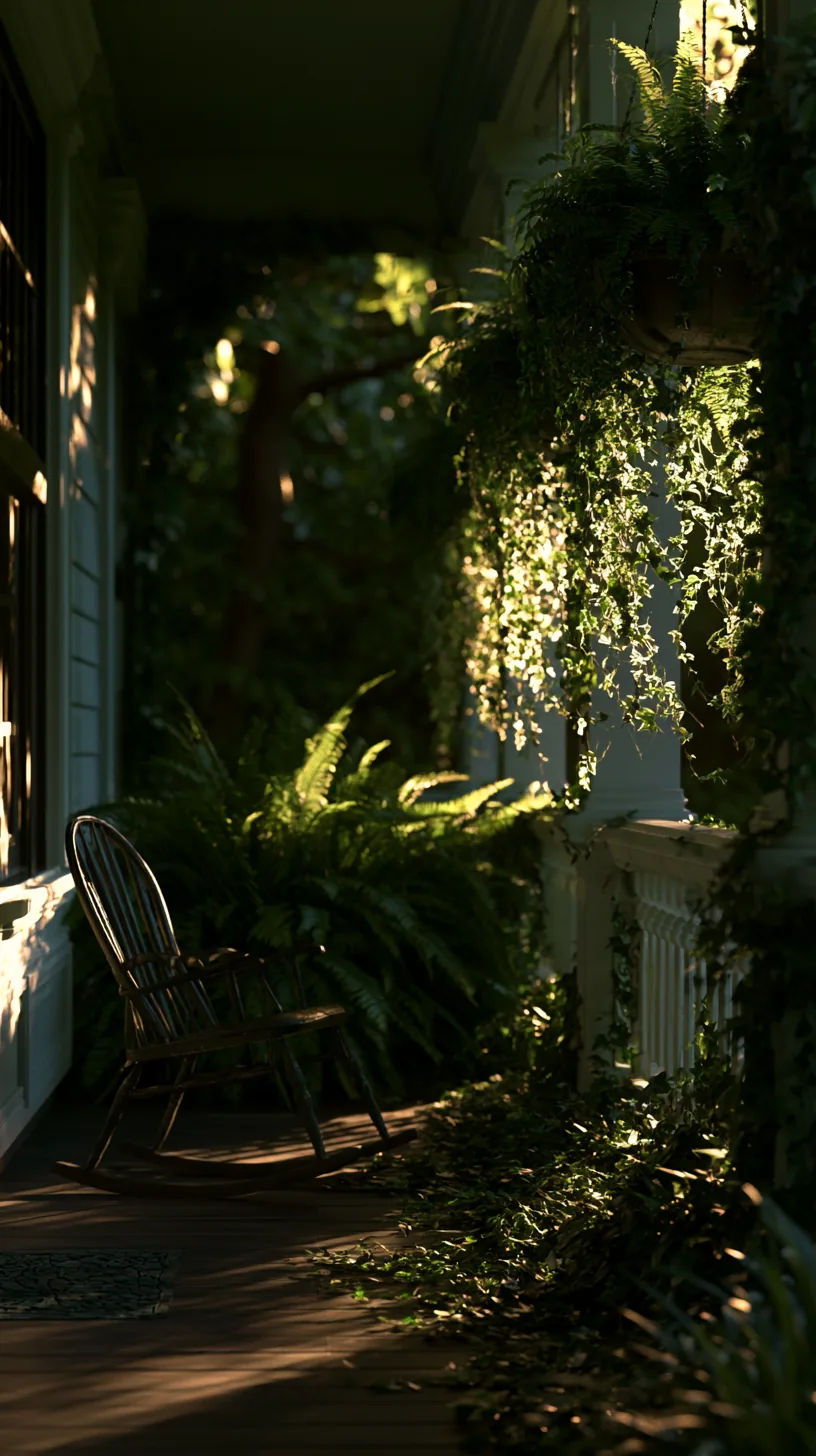 Trailing hanging baskets creating a leafy shade layer along a porch, photo 2 of 4