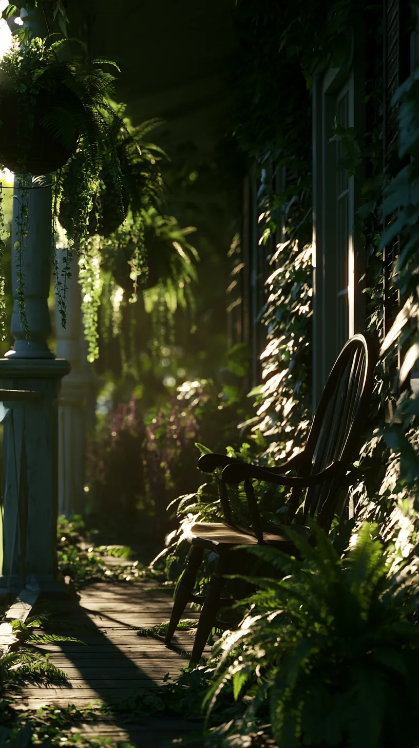Trailing hanging baskets creating a leafy shade layer along a porch, photo 3 of 4