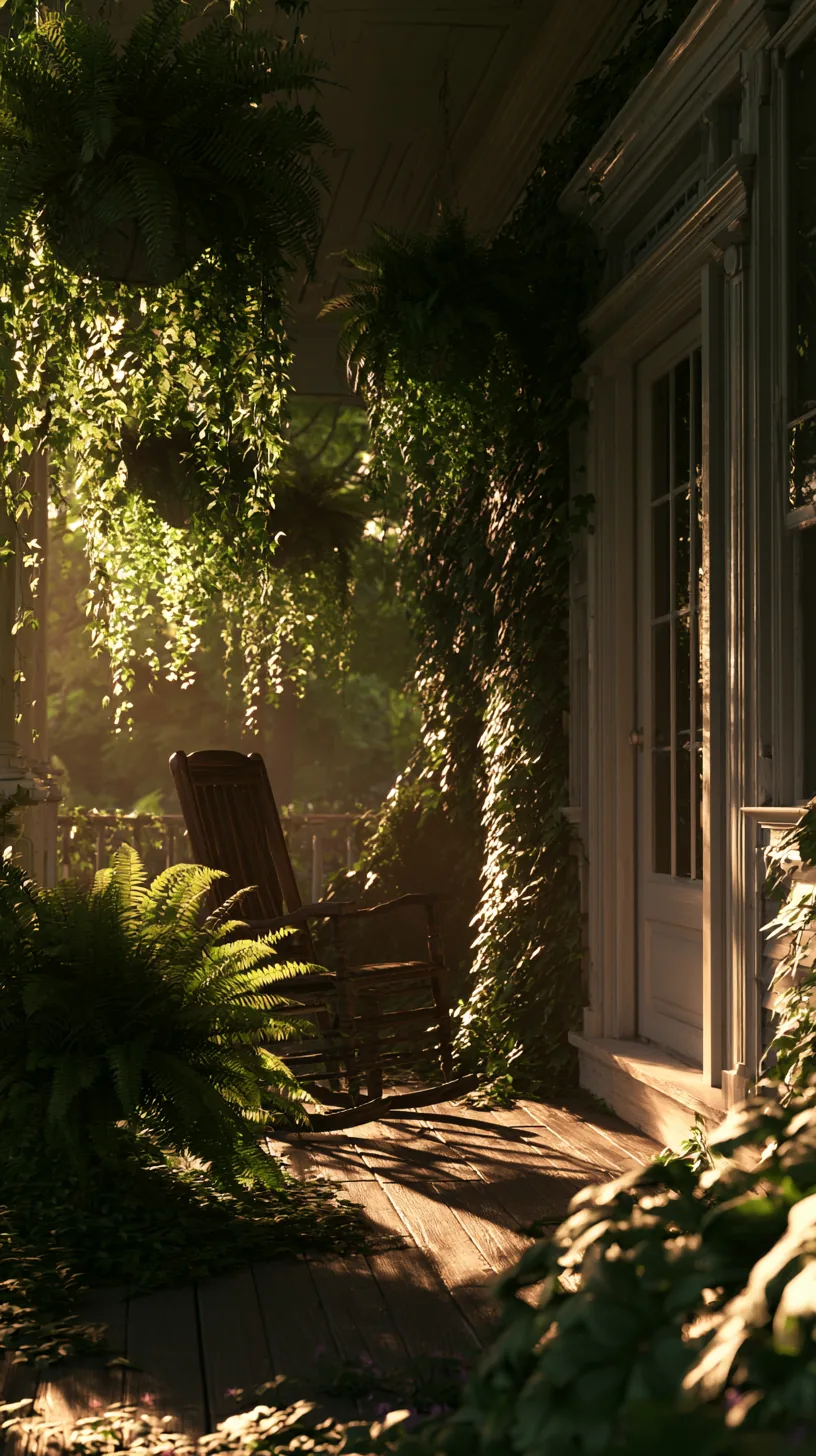 Trailing hanging baskets creating a leafy shade layer along a porch, photo 4 of 4