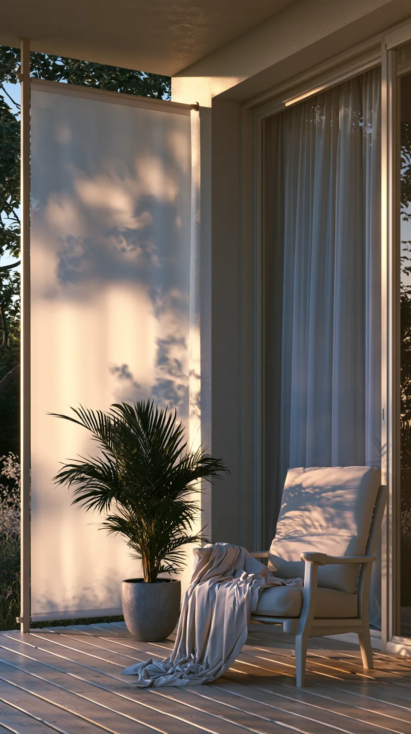Freestanding fabric privacy screen shading one side of a porch, photo 2 of 4