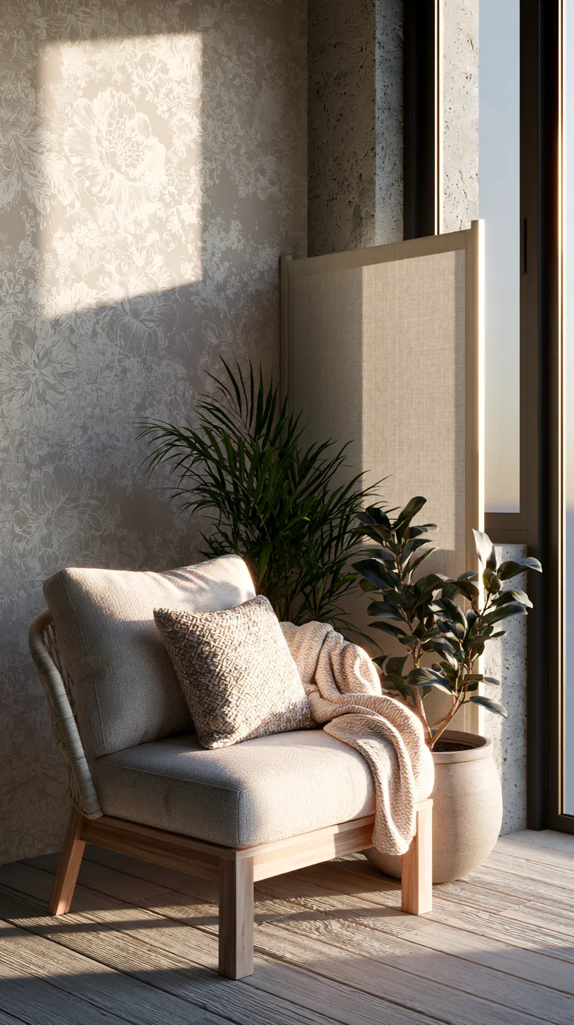 Freestanding fabric privacy screen shading one side of a porch, photo 4 of 4