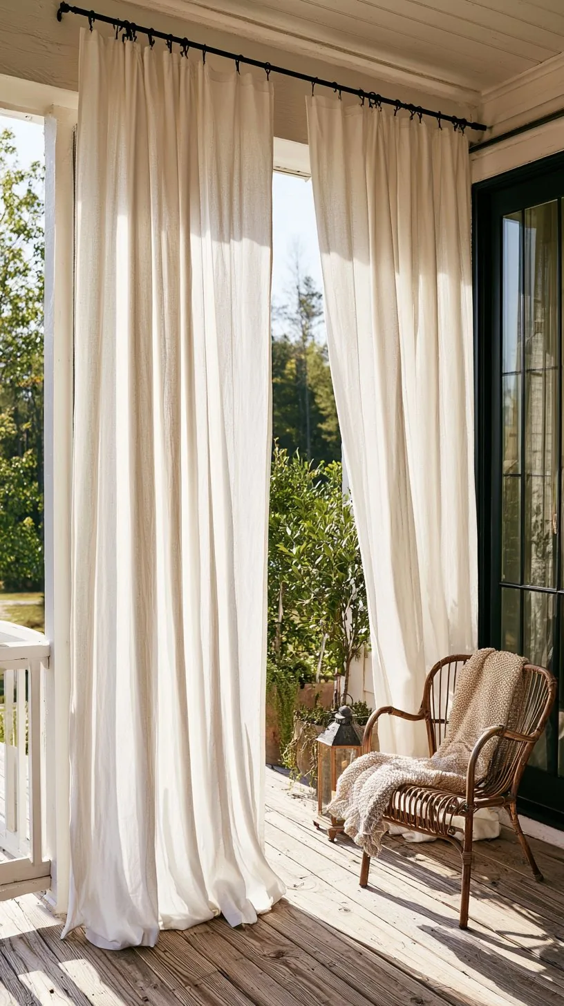 DIY drop-cloth canvas curtains hanging on a cozy budget porch, photo 1 of 4
