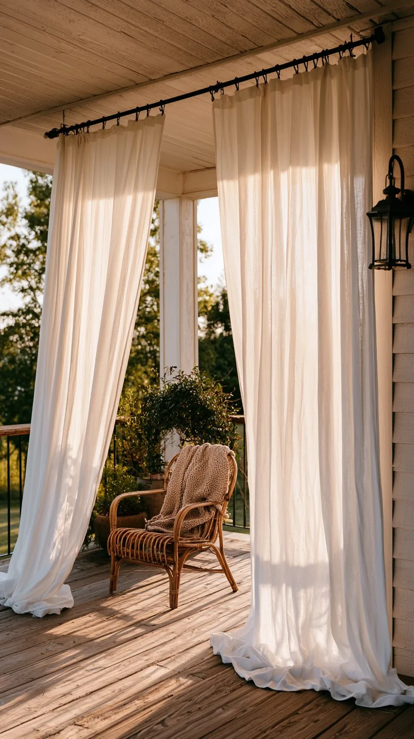 DIY drop-cloth canvas curtains hanging on a cozy budget porch, photo 2 of 4