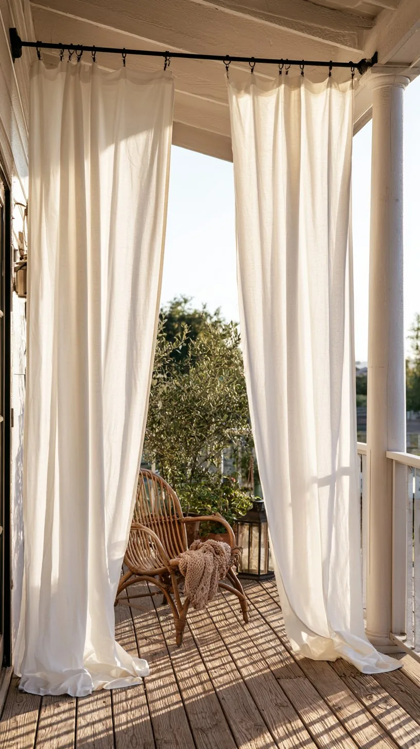 DIY drop-cloth canvas curtains hanging on a cozy budget porch, photo 3 of 4