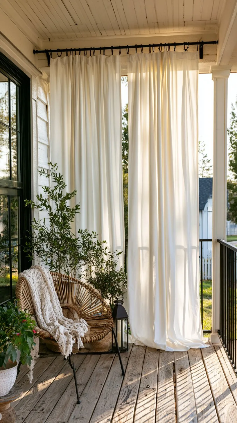 DIY drop-cloth canvas curtains hanging on a cozy budget porch, photo 4 of 4