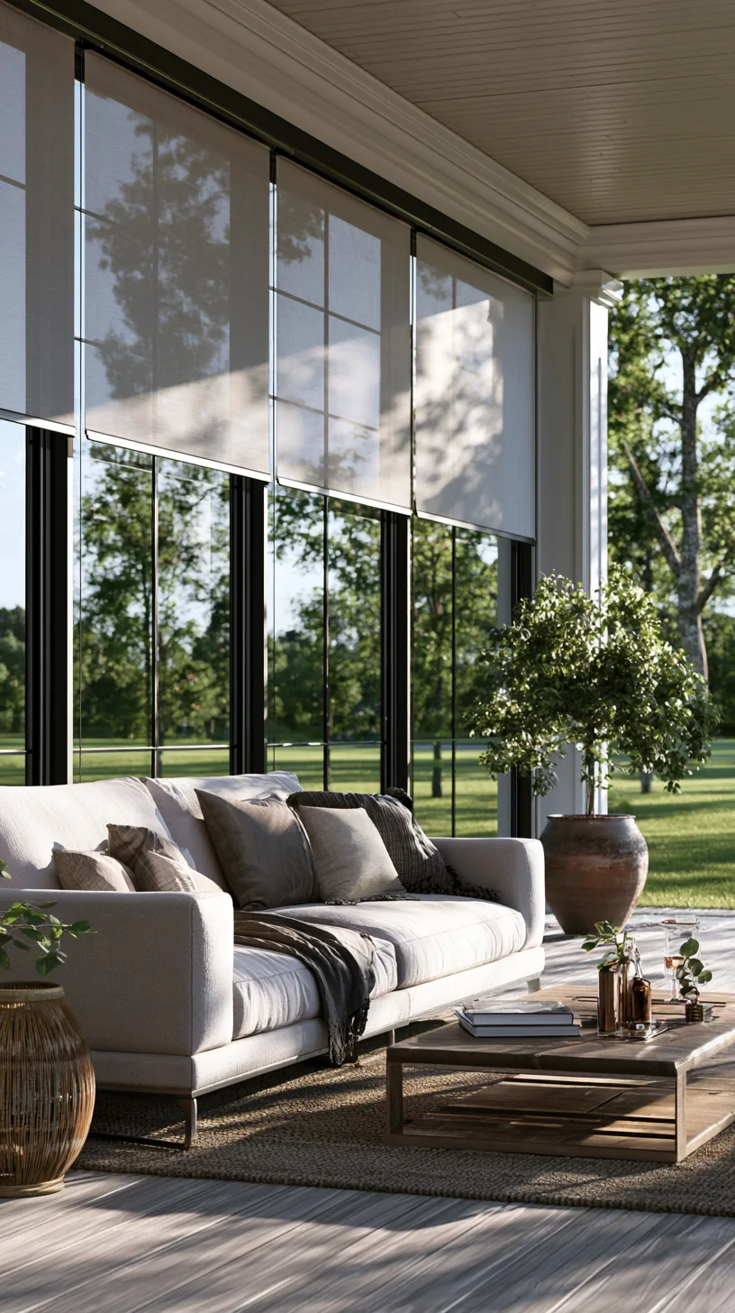 Solar shades lowered on a porch, softening bright sun while keeping the view, photo 1 of 4