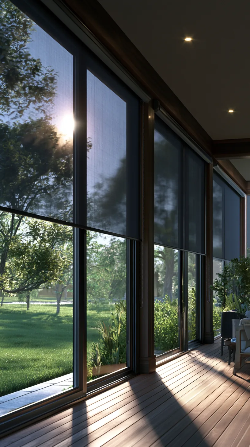 Solar shades lowered on a porch, softening bright sun while keeping the view, photo 2 of 4
