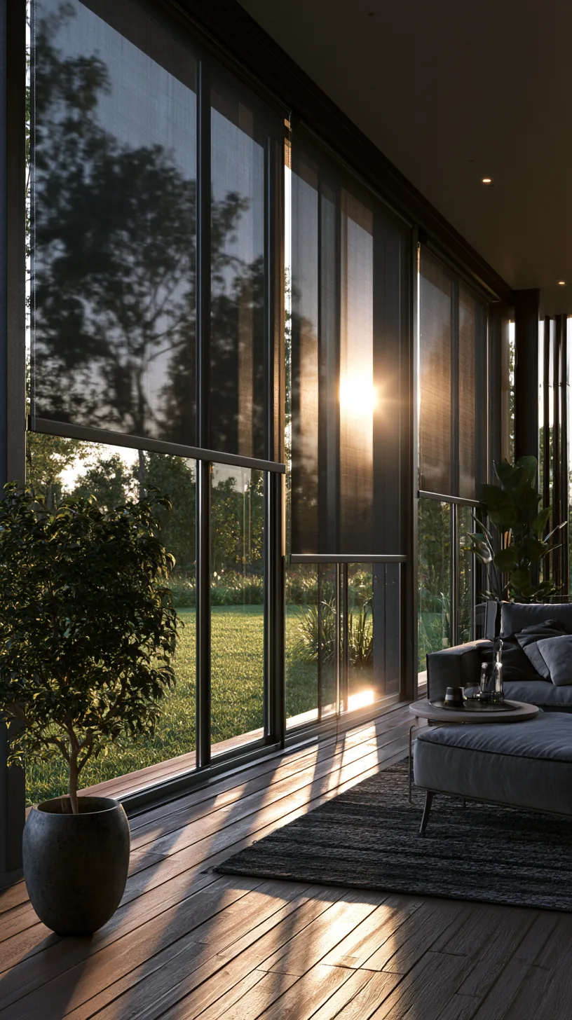Solar shades lowered on a porch, softening bright sun while keeping the view, photo 3 of 4