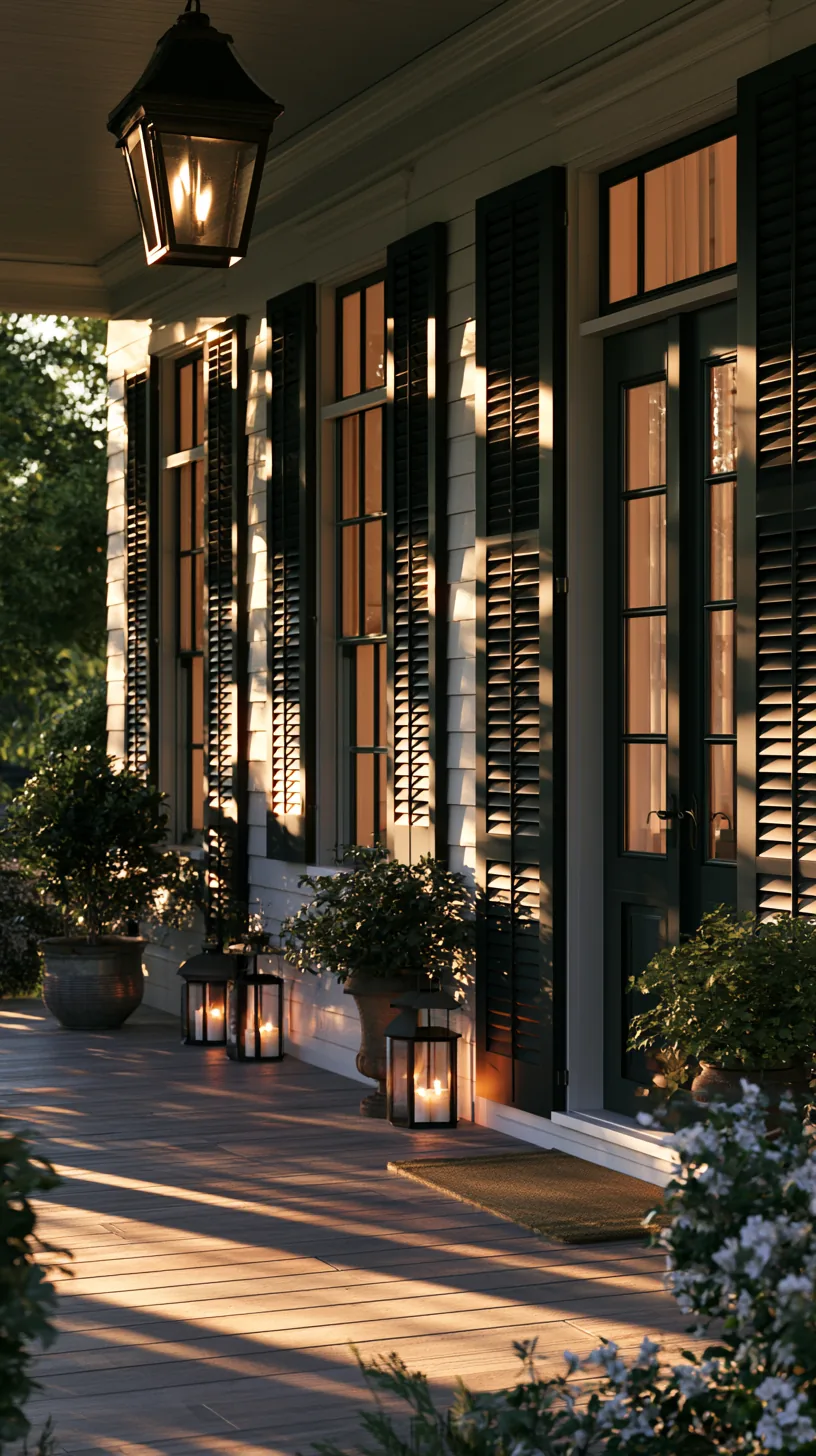 Operable exterior shutters framing a shaded classic porch, photo 1 of 4