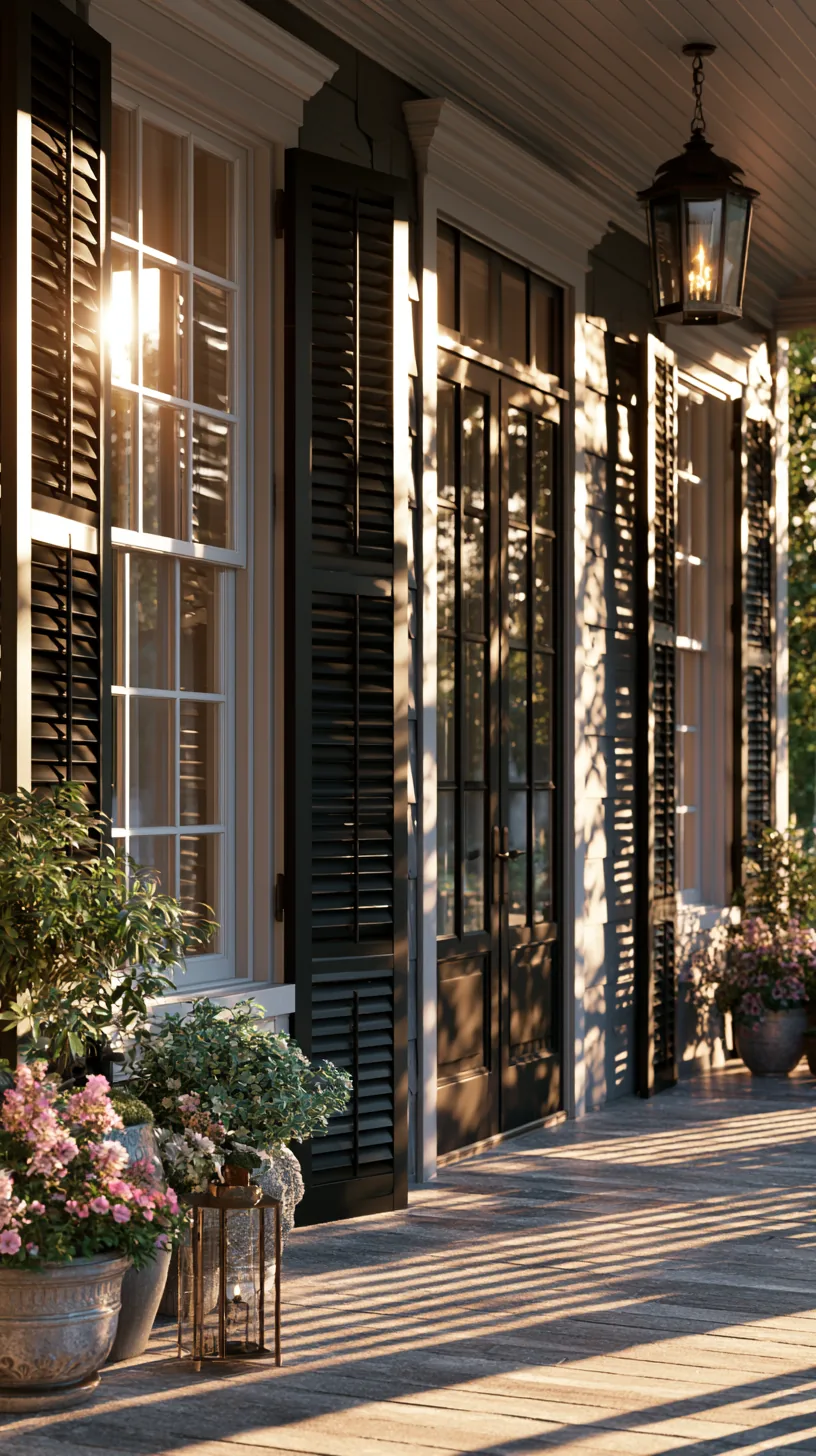 Operable exterior shutters framing a shaded classic porch, photo 2 of 4