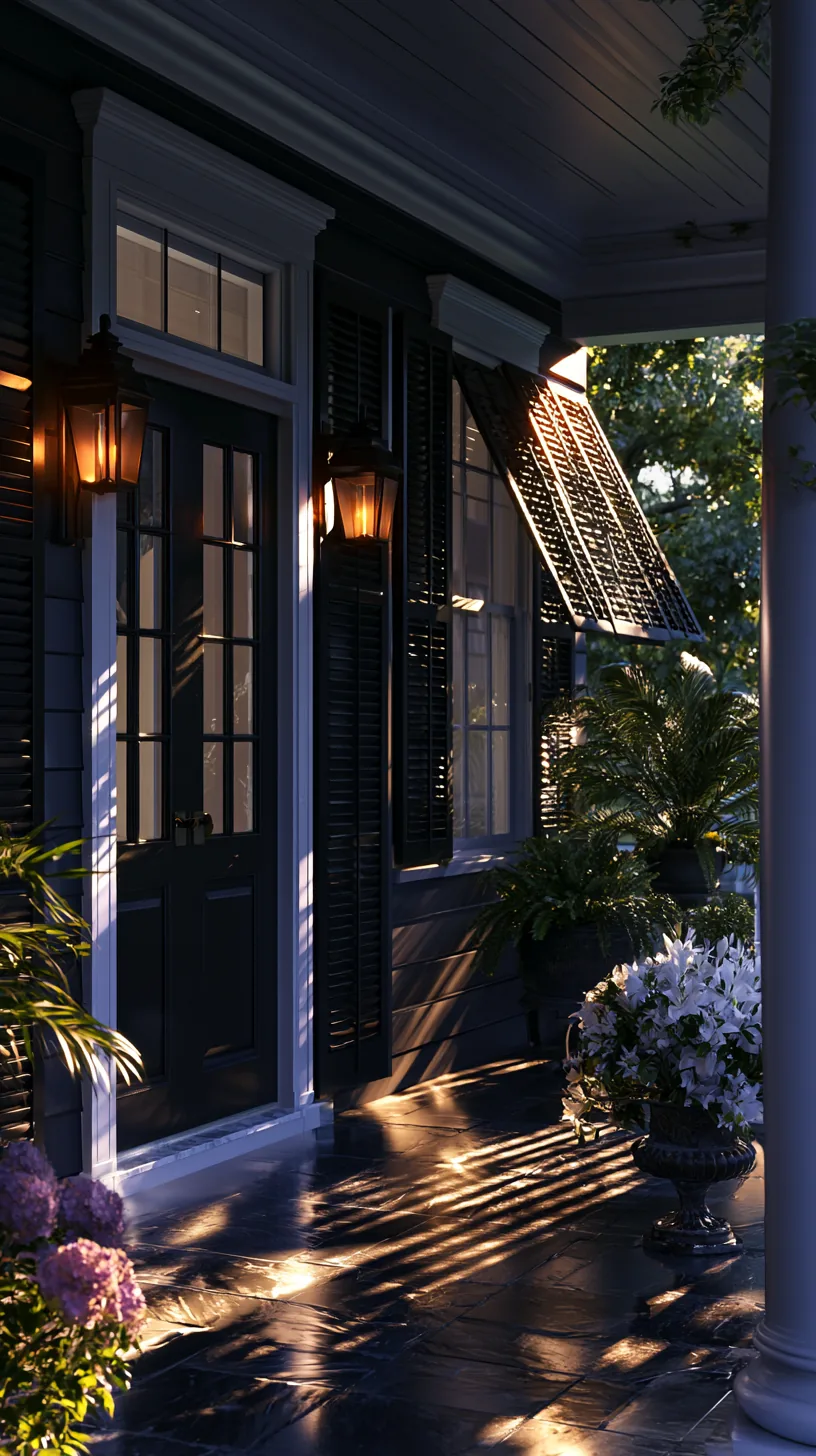 Operable exterior shutters framing a shaded classic porch, photo 3 of 4