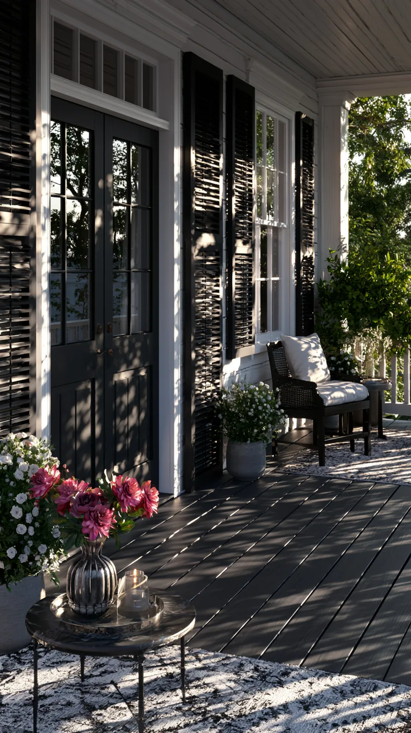 Operable exterior shutters framing a shaded classic porch, photo 4 of 4
