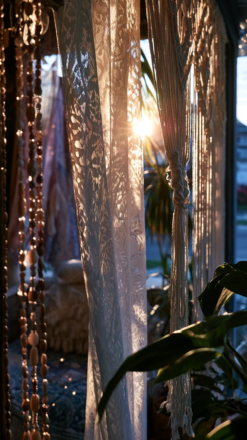 Macrame and beaded curtains filtering light on a bohemian porch, photo 1 of 4