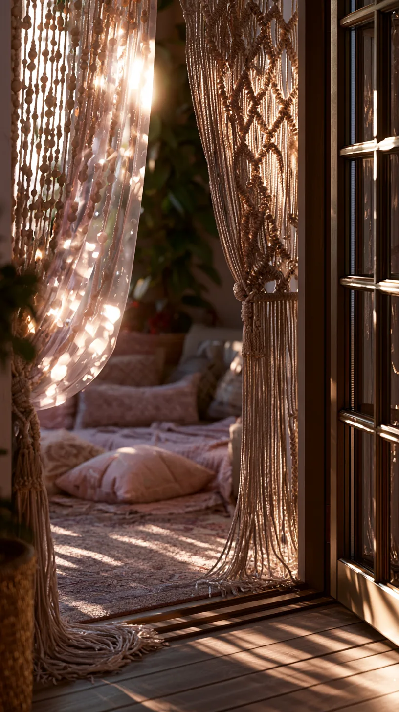 Macrame and beaded curtains filtering light on a bohemian porch, photo 2 of 4
