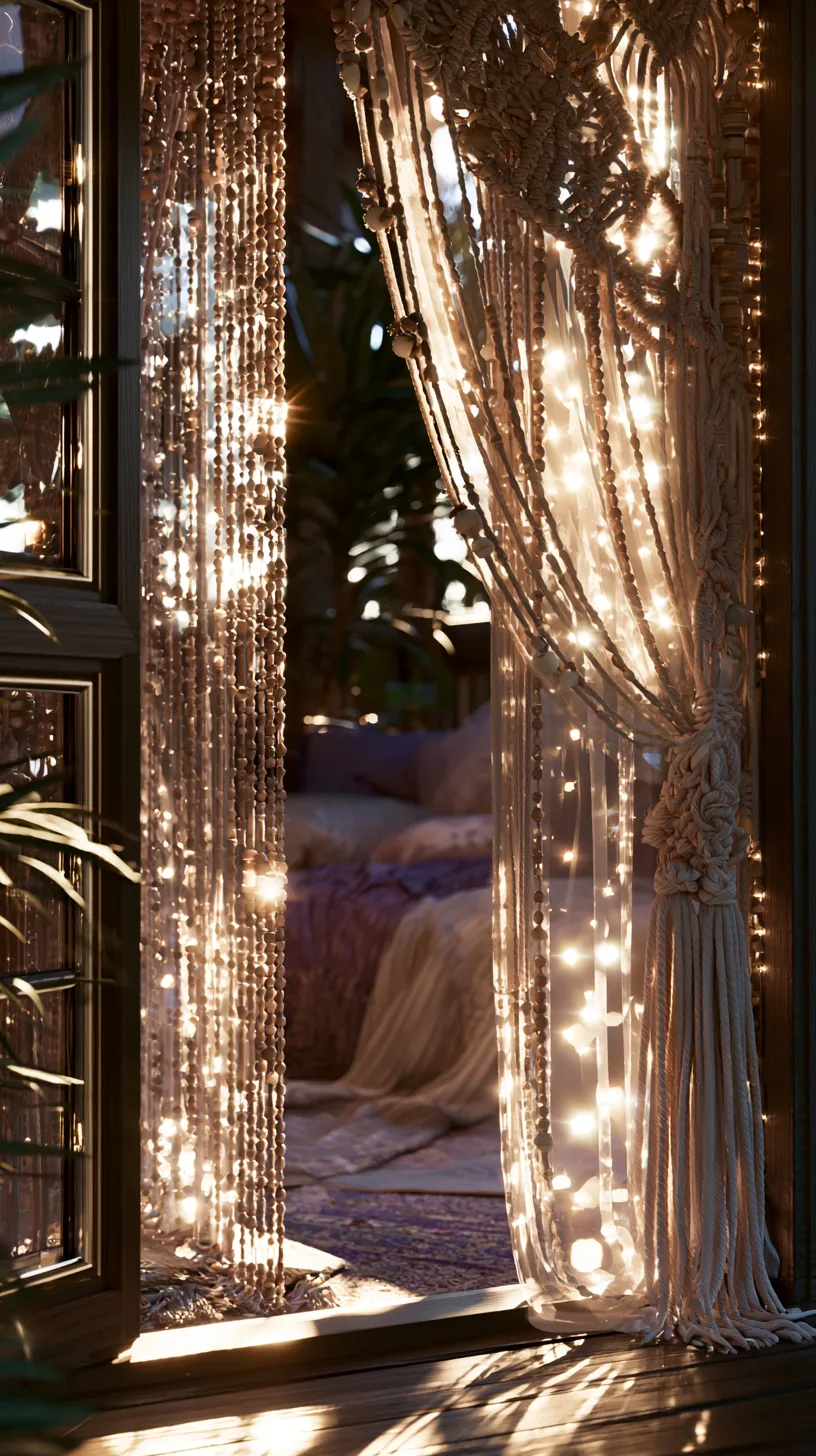 Macrame and beaded curtains filtering light on a bohemian porch, photo 3 of 4