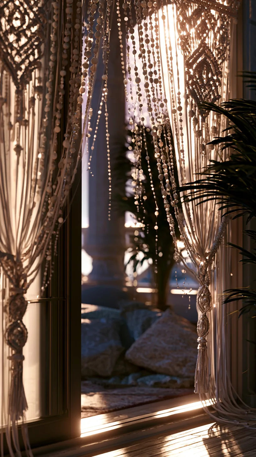 Macrame and beaded curtains filtering light on a bohemian porch, photo 4 of 4