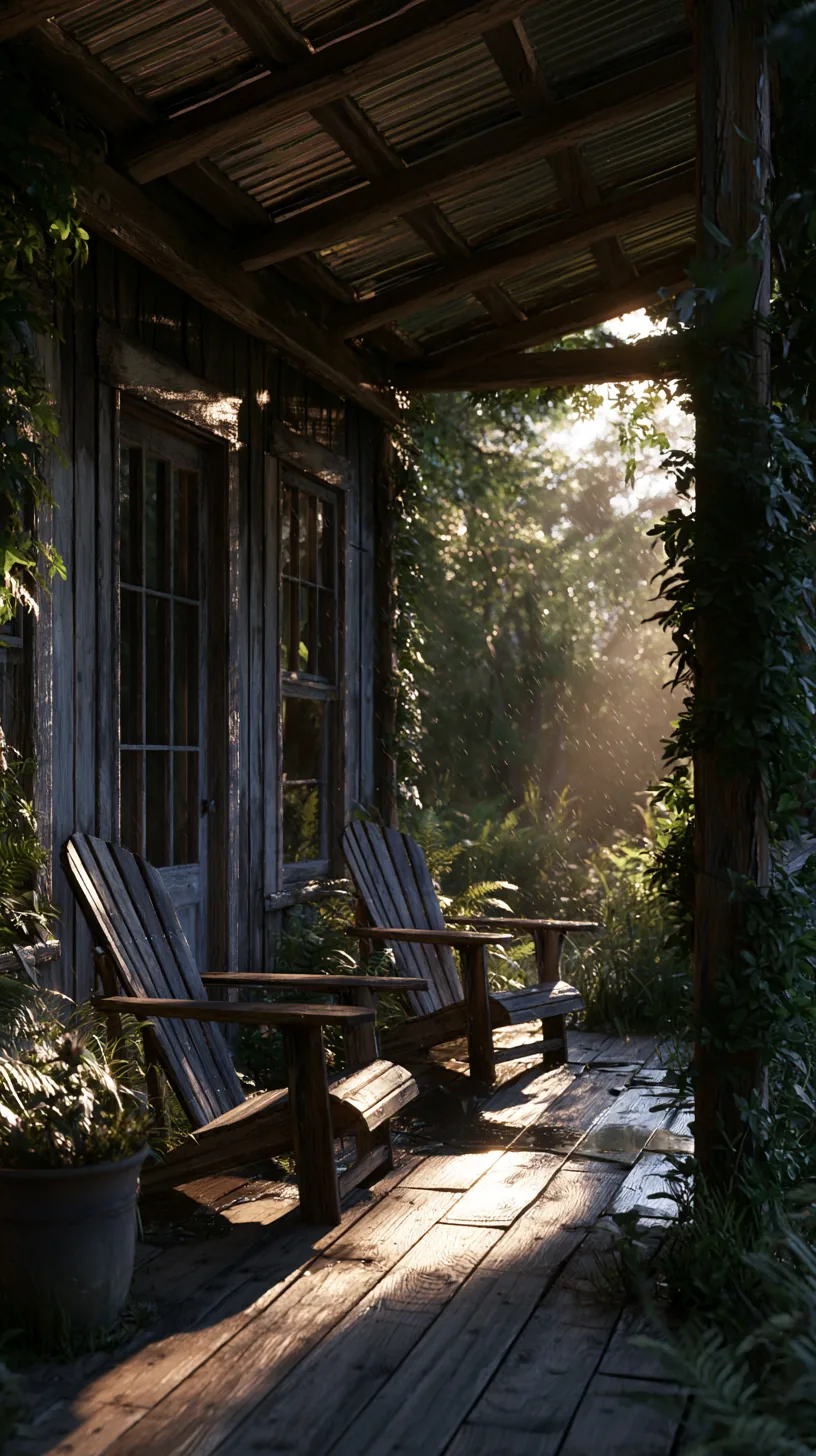 Corrugated metal roof panels shading a rustic farmhouse porch, photo 1 of 4