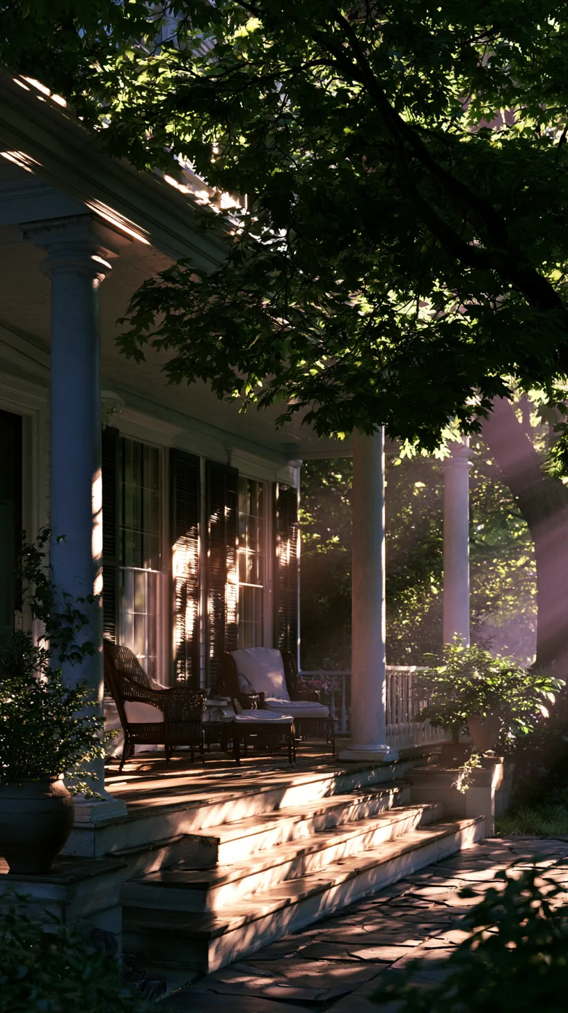 Leafy deciduous tree casting natural shade over a porch in summer, photo 1 of 4