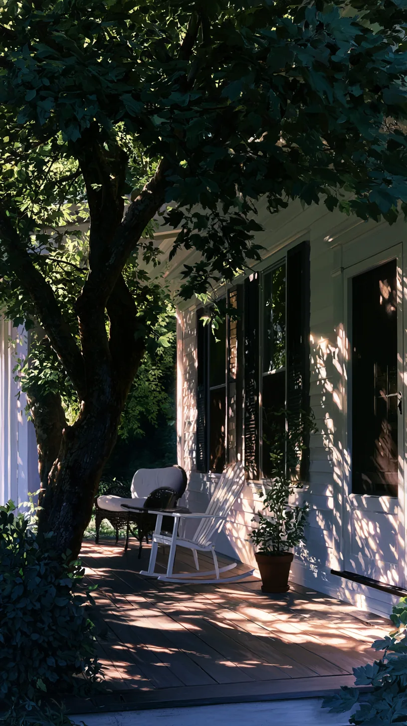 Leafy deciduous tree casting natural shade over a porch in summer, photo 2 of 4