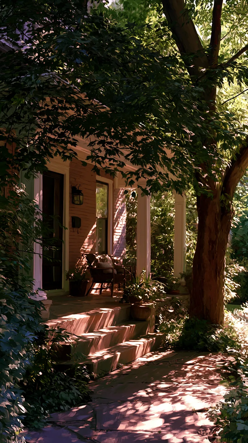 Leafy deciduous tree casting natural shade over a porch in summer, photo 3 of 4