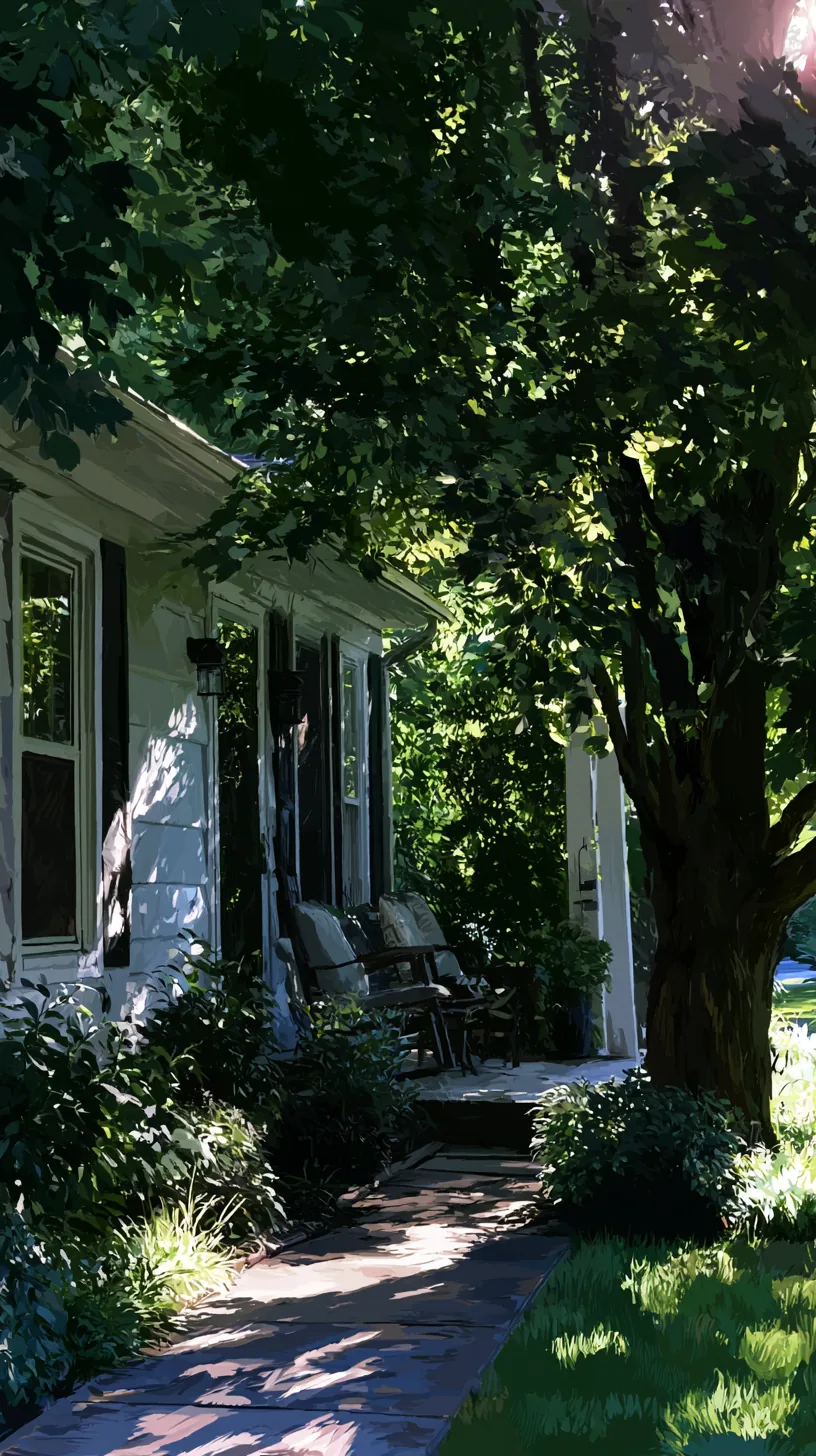 Leafy deciduous tree casting natural shade over a porch in summer, photo 4 of 4