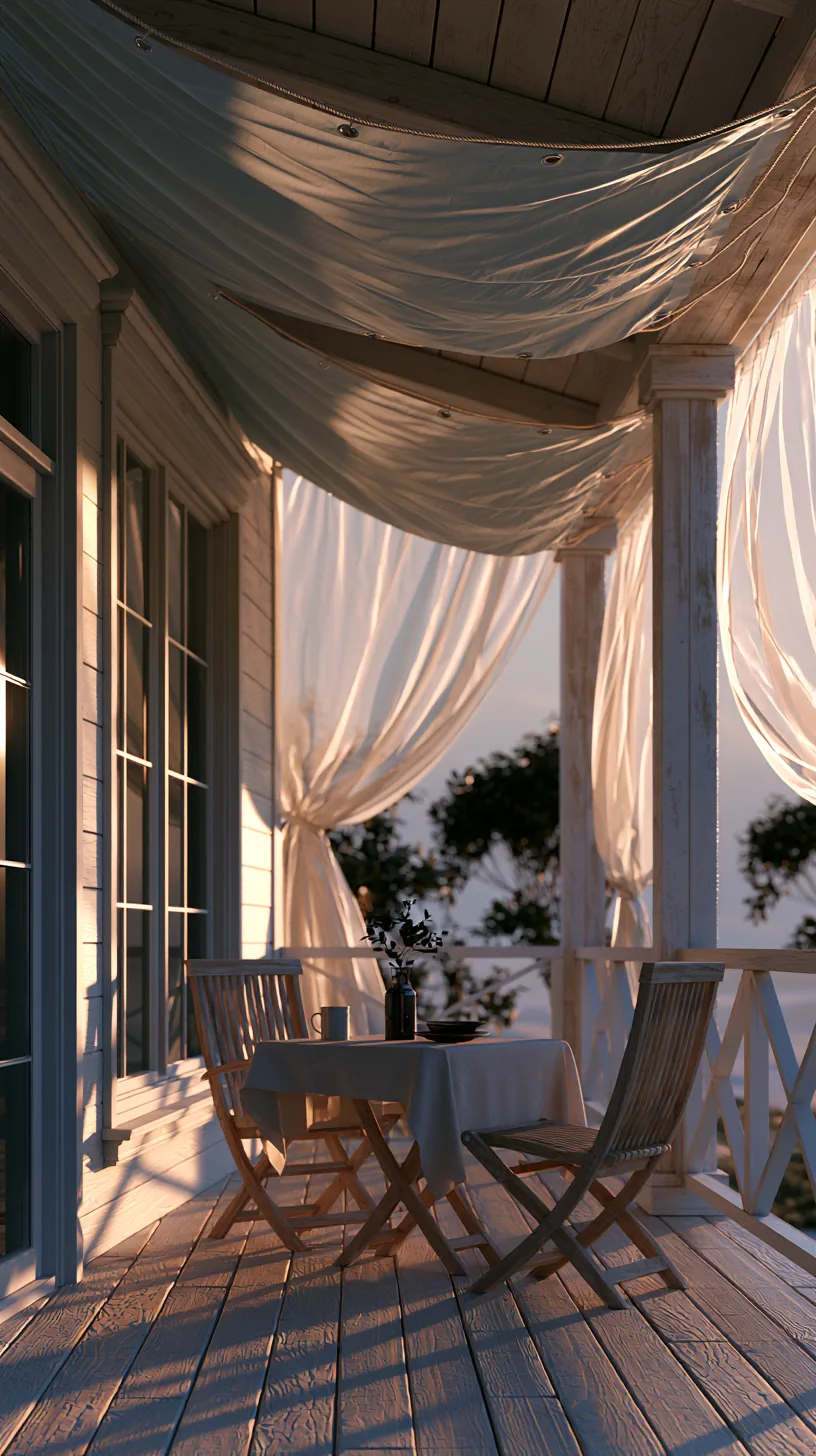 DIY stretched fabric panels shading the top of a simple porch, photo 1 of 4