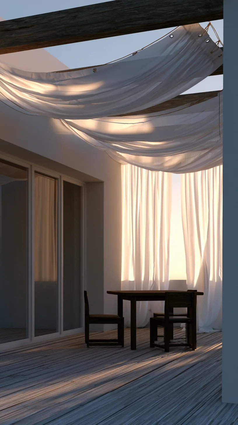 DIY stretched fabric panels shading the top of a simple porch, photo 2 of 4