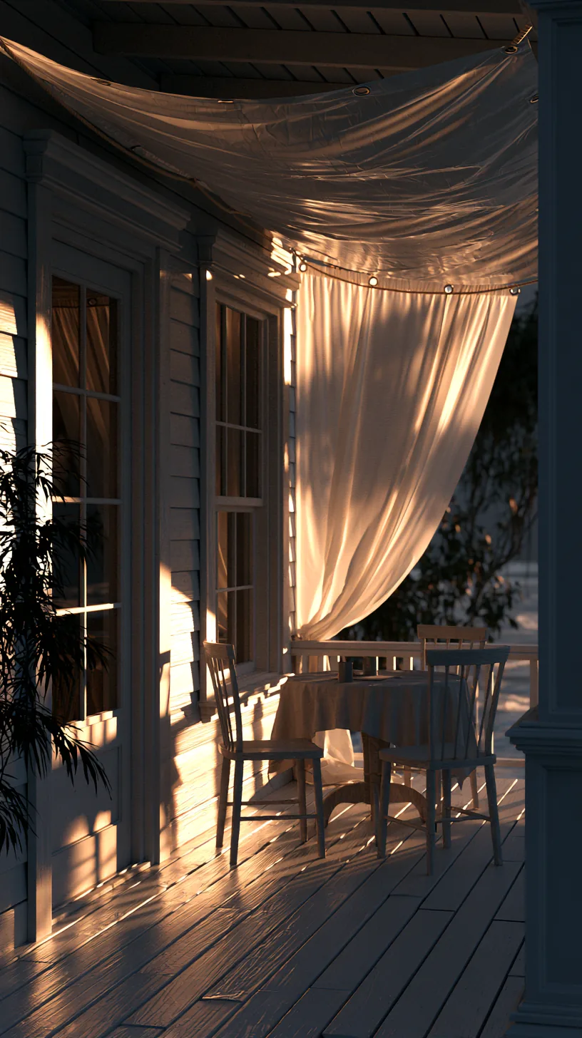 DIY stretched fabric panels shading the top of a simple porch, photo 3 of 4