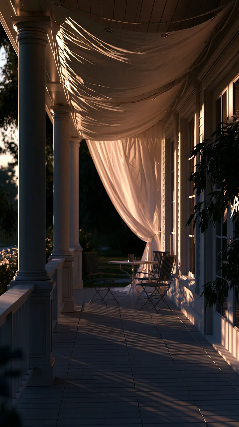 DIY stretched fabric panels shading the top of a simple porch, photo 4 of 4