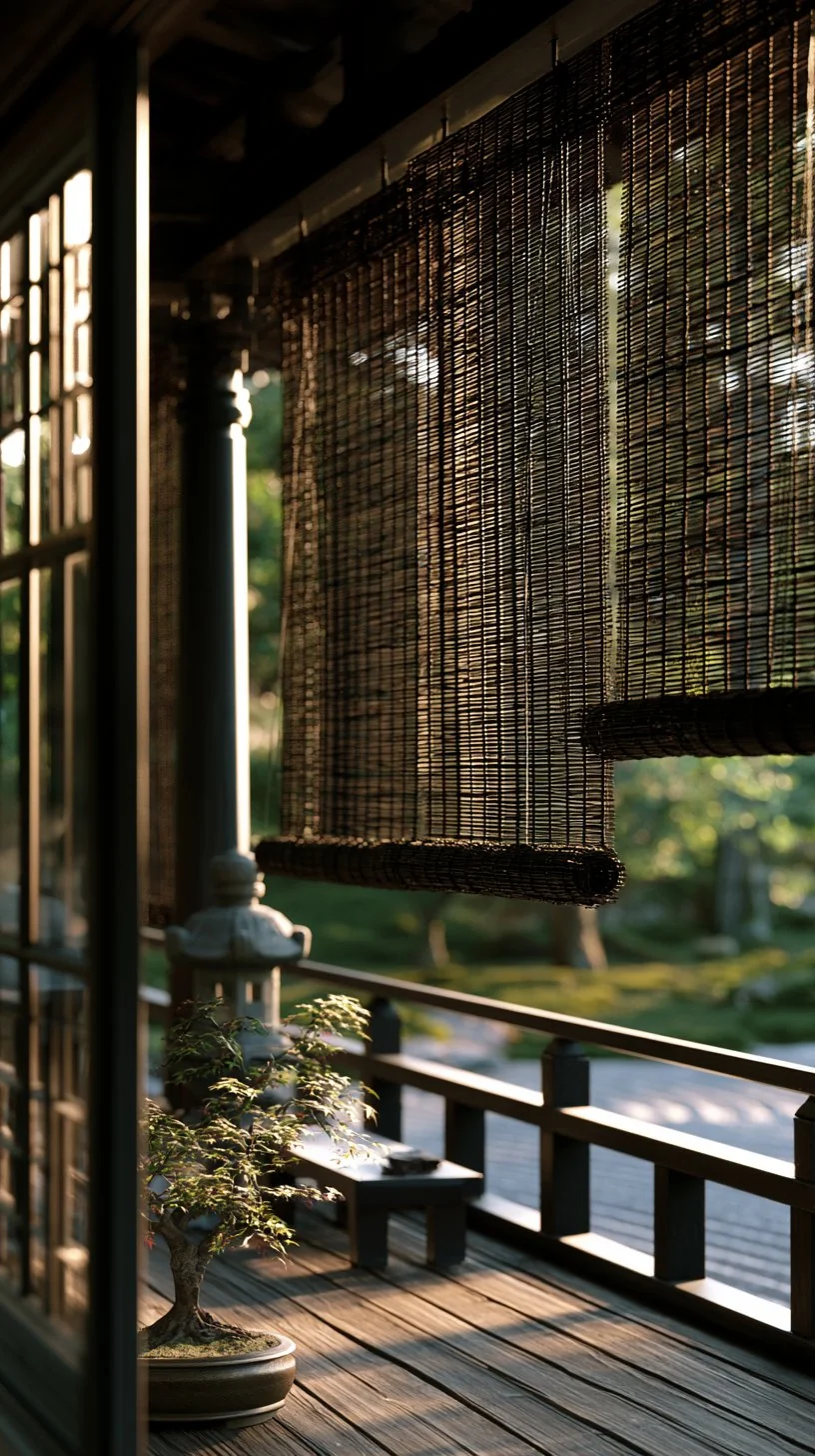Japanese sudare reed blinds rolled down on a serene minimalist porch, photo 1 of 4
