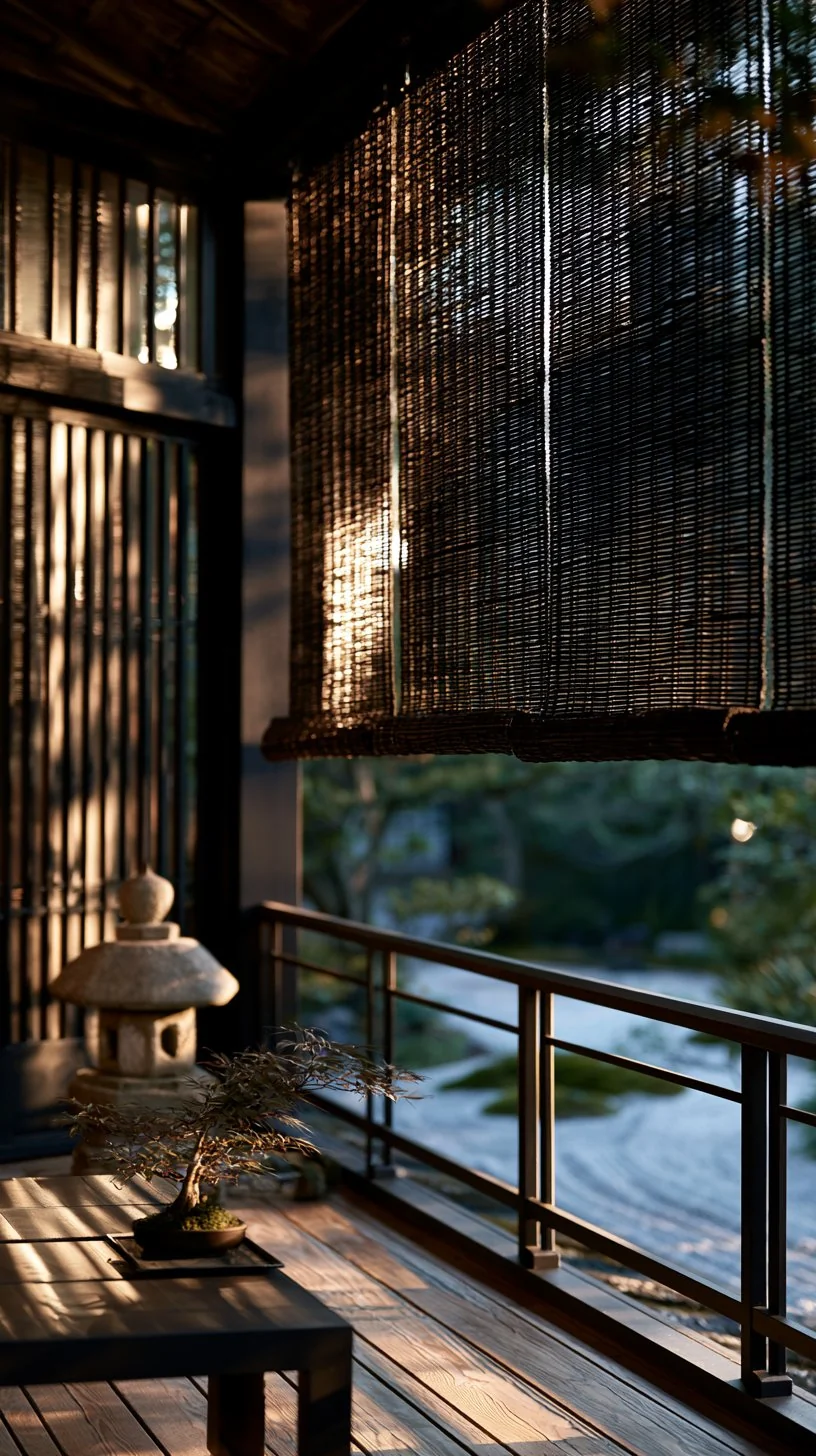 Japanese sudare reed blinds rolled down on a serene minimalist porch, photo 2 of 4