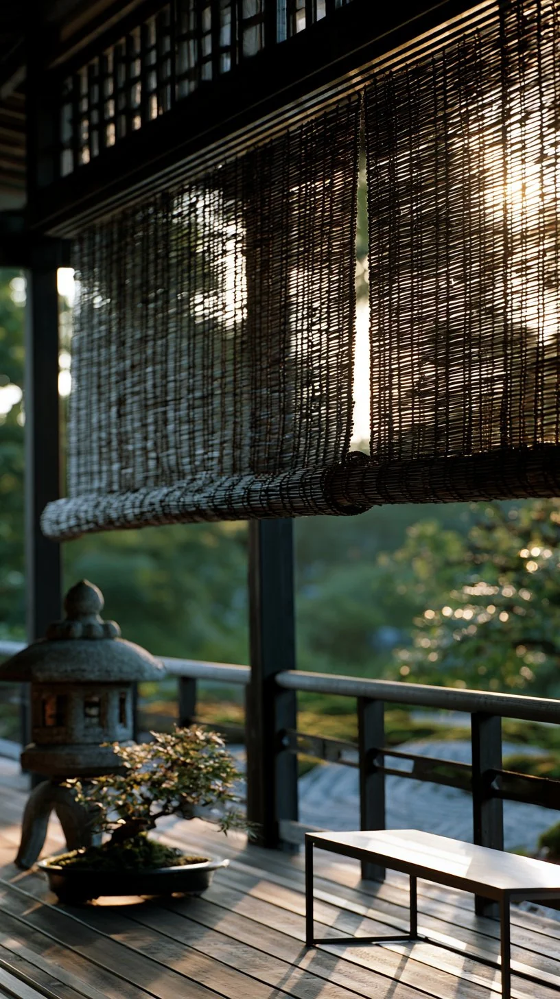 Japanese sudare reed blinds rolled down on a serene minimalist porch, photo 3 of 4