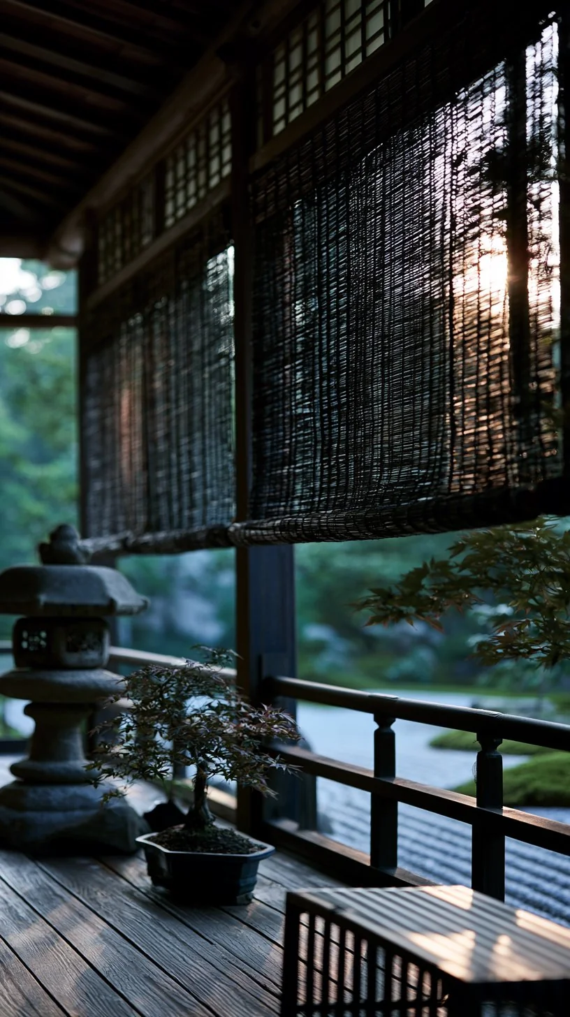 Japanese sudare reed blinds rolled down on a serene minimalist porch, photo 4 of 4