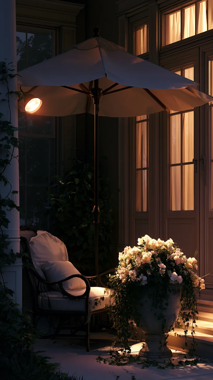 Patio umbrellas anchored in large planters providing spot shade on a porch, photo 2 of 4