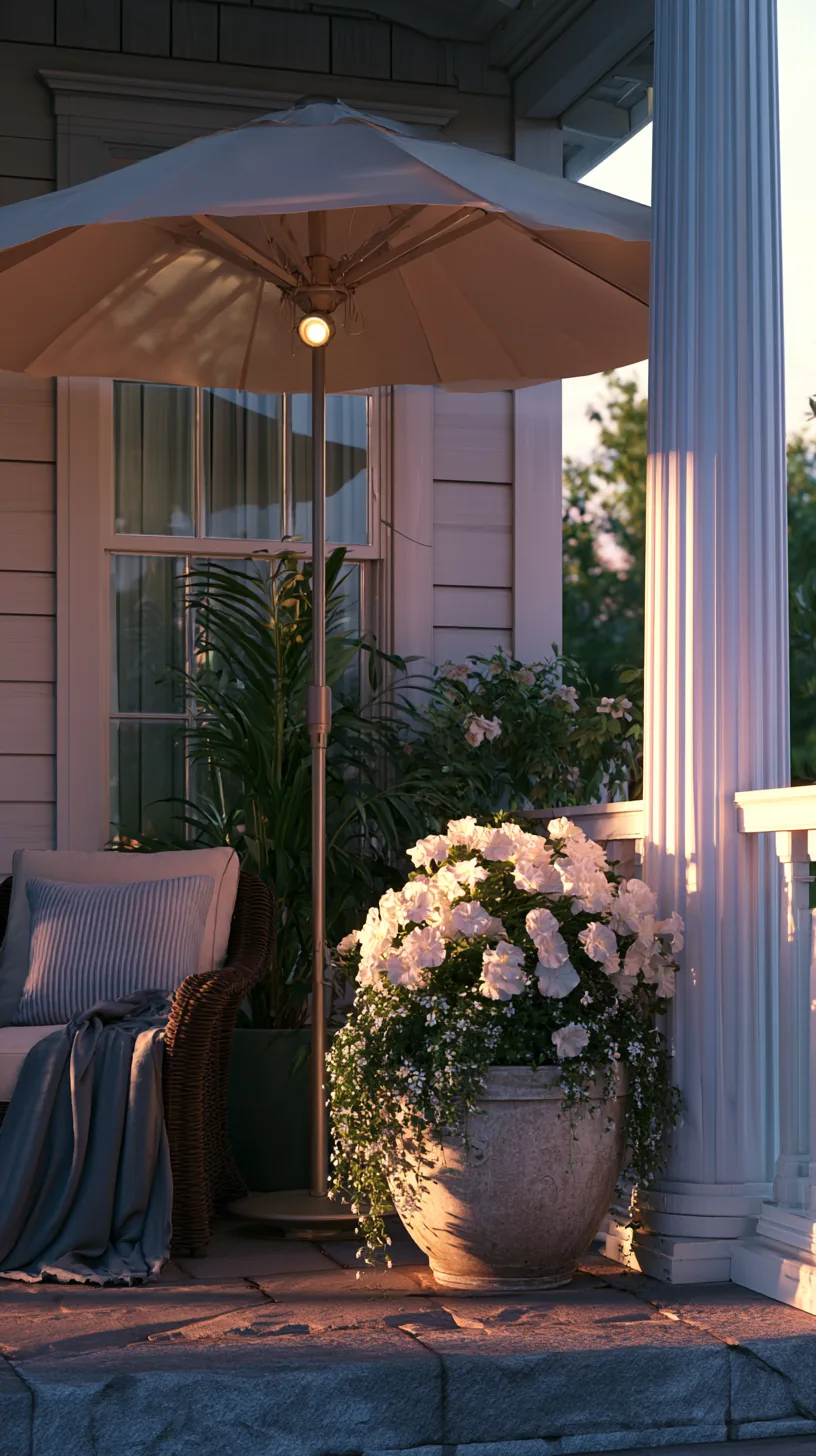 Patio umbrellas anchored in large planters providing spot shade on a porch, photo 3 of 4