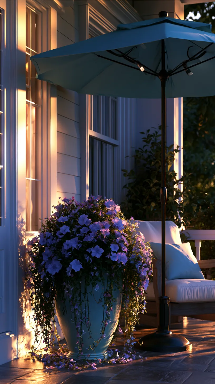Patio umbrellas anchored in large planters providing spot shade on a porch, photo 4 of 4