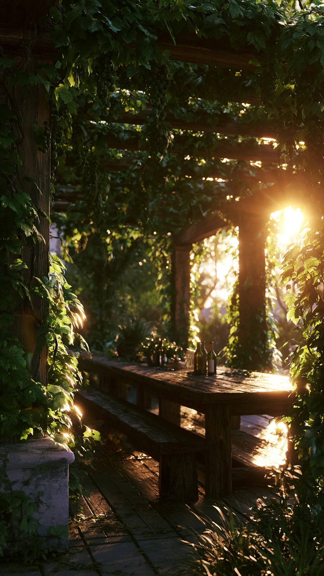 grapevine-draped pergola over a backyard patio dining table, photo 1 of 4