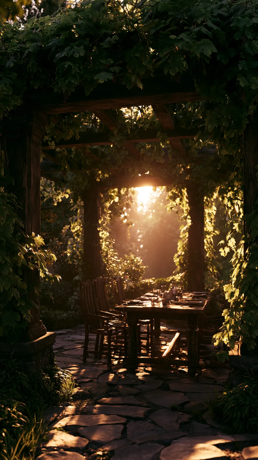 grapevine-draped pergola over a backyard patio dining table, photo 2 of 4