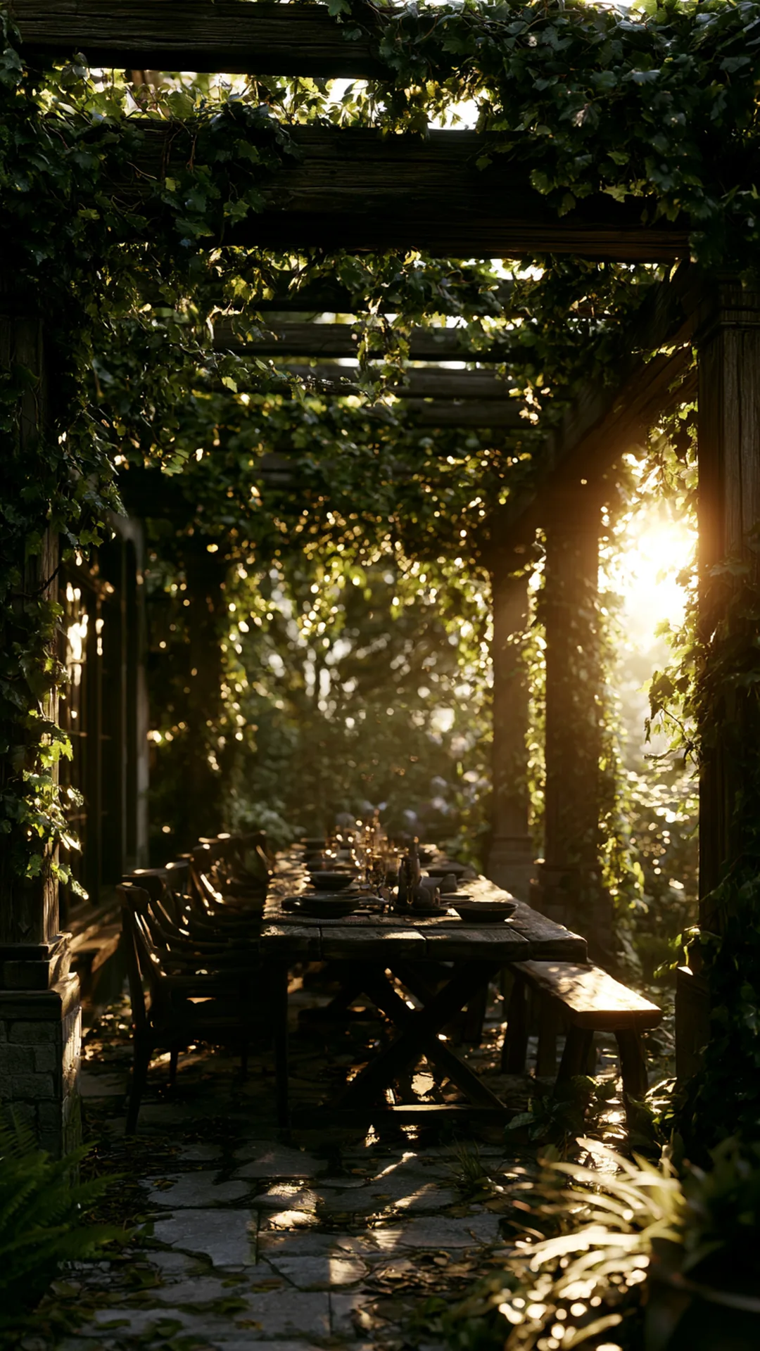 grapevine-draped pergola over a backyard patio dining table, photo 3 of 4